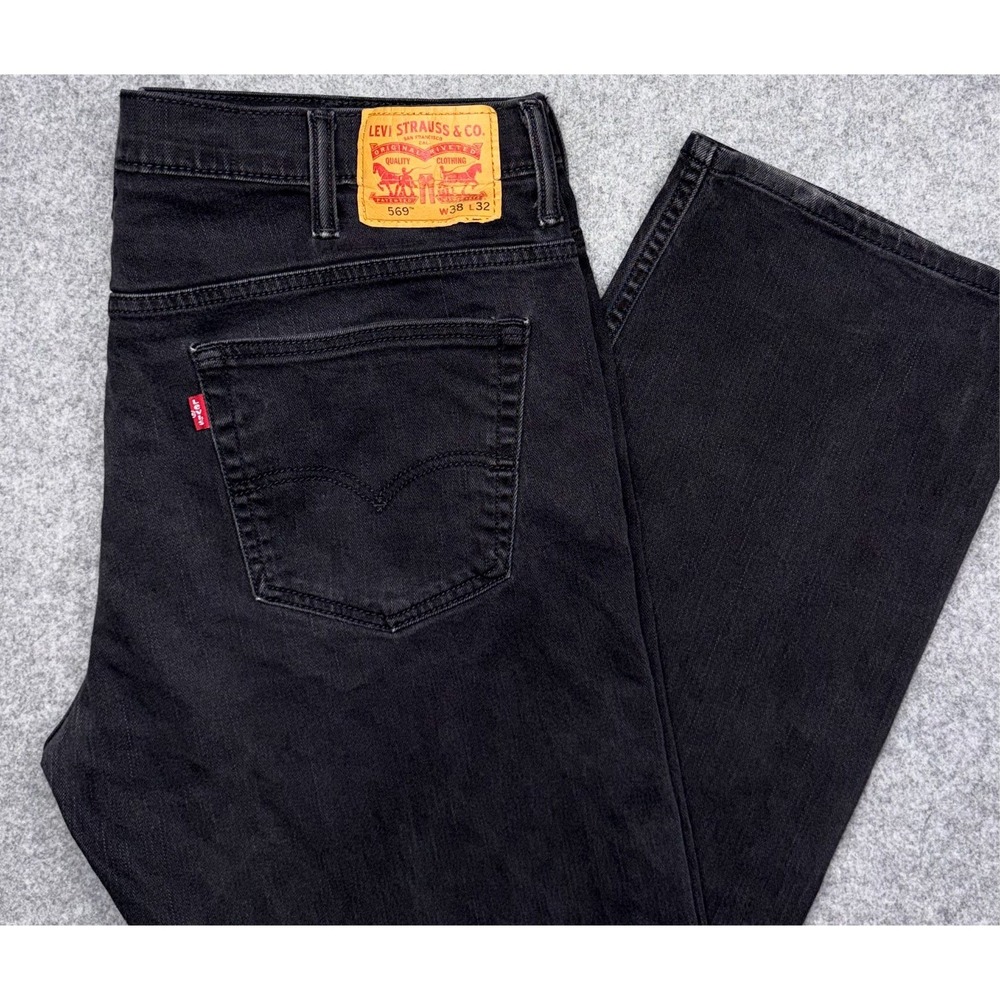 Levis Jeans Mens 38x32 Black 569 Loose Straight Baggy Zip Fly Flex Denim Pants
